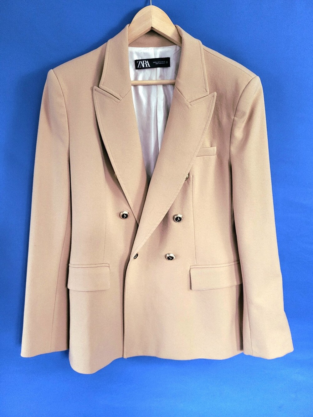 Zara XL Camel Double Breasted Blazer 20" p to p Lined Shoulder Pads